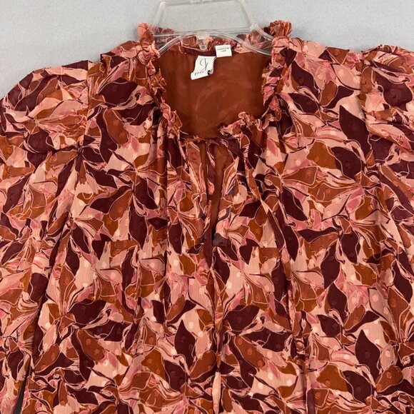 Joie Shirt Womens Large Brown Leaves Boho Sheer Swiss Dot Chiffon Tie Ruffle - Picture 2 of 15